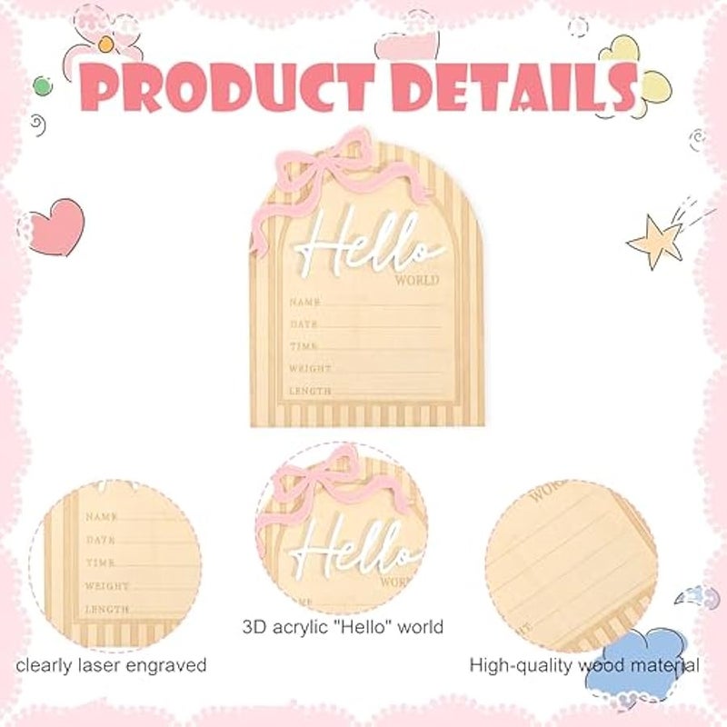 MIXDE Bow Hello World Wooden Board - Hospital Newborn Information Record,Birth Milestone Bulletin Board Photo Props,Sweet Pink Bow Nursery Decorations,Little Princess Hello World Announcement Sign - Image 3